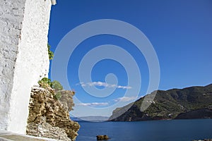 Traditional white church, on the island of Skopelos, Greece