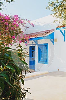 Traditional white greek house with blue windows and doors, pink flowers