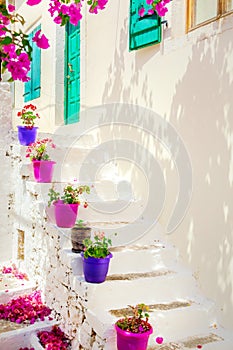 Traditional white house with flowerpots