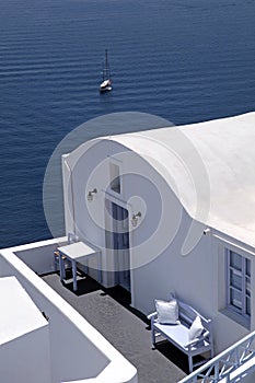 Traditional white house and sea view terrace, Oia, Santorini isl