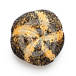 Traditional white kaiser roll with poppy seeds isolated on white. Top view