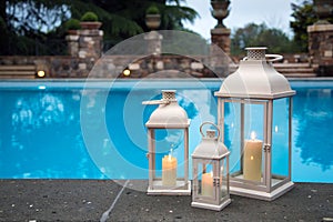 Traditional white lanterns in a garden