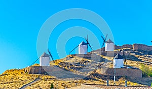 Traditional white windmills at Consuegra in Spain