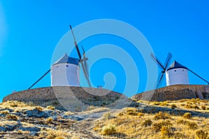 Traditional white windmills at Consuegra in Spain