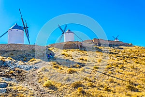 Traditional white windmills at Consuegra in Spain