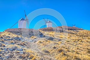 Traditional white windmills at Consuegra in Spain