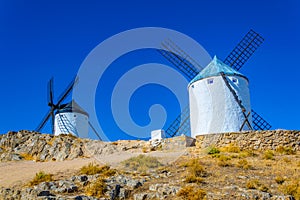 Traditional white windmills at Consuegra in Spain