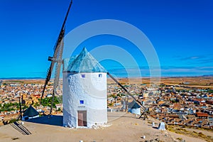 Traditional white windmills at Consuegra in Spain