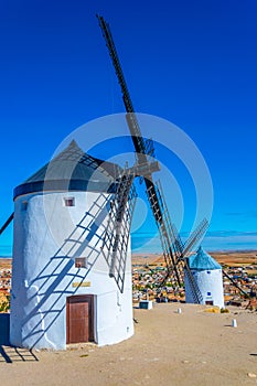 Traditional white windmills at Consuegra in Spain