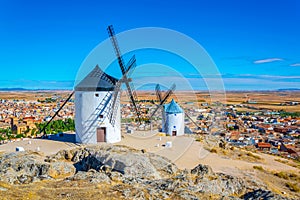 Traditional white windmills at Consuegra in Spain