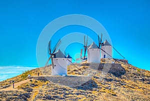 Traditional white windmills at Consuegra in Spain