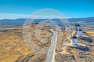 Traditional white windmills at Consuegra in Spain