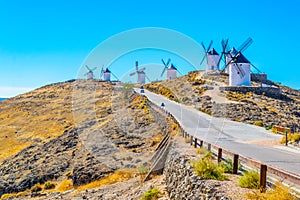 Traditional white windmills at Consuegra in Spain