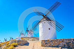 Traditional white windmills at Consuegra in Spain