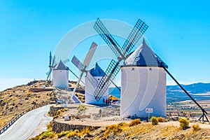 Traditional white windmills at Consuegra in Spain