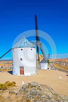 Traditional white windmills at Consuegra in Spain