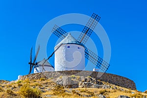 Traditional white windmills at Consuegra in Spain