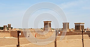 Traditional wind towers of Yazd on the roofs of old houses, unique Iranian architecture, Yazd, Iran