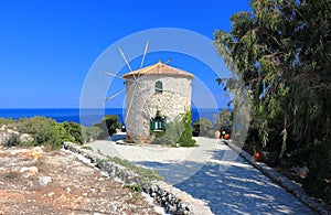 Traditional Windmill in Cape Skinari. North coast of Zakynthos or Zante island, Ionian Sea, Greece.