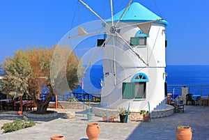 Traditional Windmill in Cape Skinari. North coast of Zakynthos or Zante island, Ionian Sea, Greece.