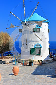 Traditional Windmill in Cape Skinari. North coast of Zakynthos or Zante island, Ionian Sea, Greece.