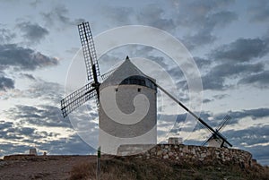 Traditional windmill in Consuegra at sunset, Toledo, Spain