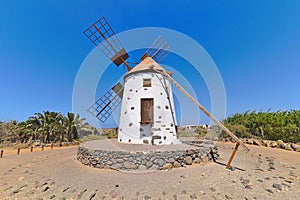 Traditional windmill on Fuerteventura with windmill sail.