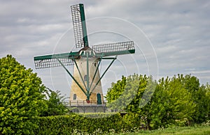 Traditional windmill named `De Jager` in dutch located in Oud-Vossemeer, municipality of Tholen