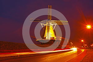 Traditional windmill in the Netherlands by night