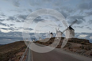 Traditional windmills in Consuegra at sunset, Toledo, Spain