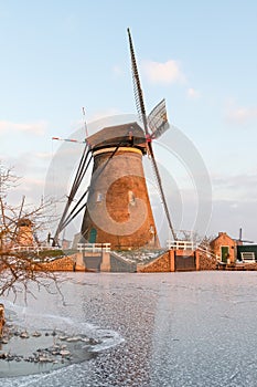 Traditional windmills and frozen canals, Kinderdijk, Netherlands