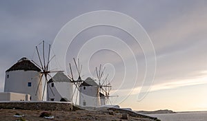 Traditional windmills, Mykonos island landmark at sunrise, Cyclades Greece