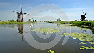 Traditional Windmills within a rural landscape in Kinderdijk Unesco World Heritage