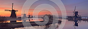 Traditional windmills at sunrise, Kinderdijk, The Netherlands