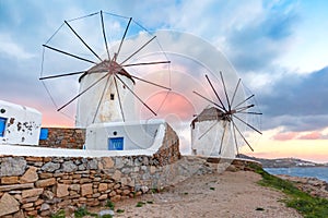 Traditional windmills at sunrise, Santorini, Greece