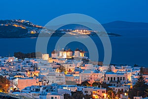 Traditional windmills at sunset, Santorini, Greece