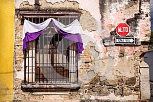 Traditional window with semana santa ribbon decoration in Antigua, Guatemala photo