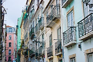 Traditional windows and balconies in Bairro Alto, Lisbon, Portugal