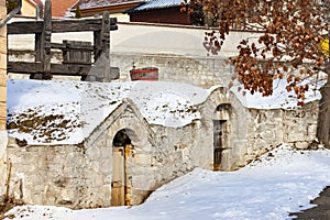 Traditional wine cellars near Sarospatak Tokaj region Hungary