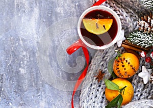 Traditional winter beverage mulled wine. Christmas drink.