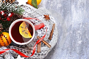 Traditional winter beverage mulled wine. Christmas drink.