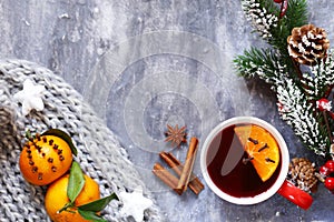 Traditional winter beverage mulled wine. Christmas drink.