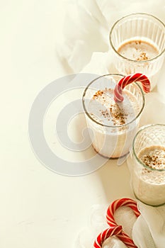 Traditional winter delicious homemade Christmas cocktail eggnog with milk, rum and cinnamon and nutmeg