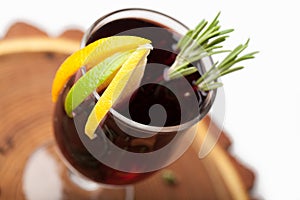 Traditional winter hot alcohol drinks mulled wine with orange, s