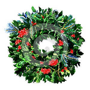 Traditional winter New year and Christmas wreath with red holly berries, evergreen green branches, isolated, watercolor