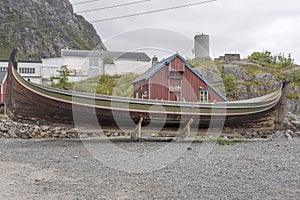 Traditional wooden boat ashore,  A,  Lofoten, Norway