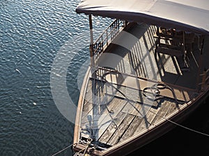 Traditional wooden boat on Uji river in Uji town neat Kyoto in Japan in summer