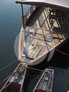 Traditional wooden boat on Uji river in Uji town neat Kyoto in Japan in summer