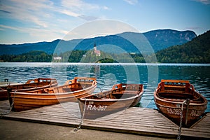 Traditional wooden boats in Bled