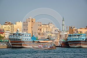 Traditional wooden boats in Dubai creek United Arab Emirates